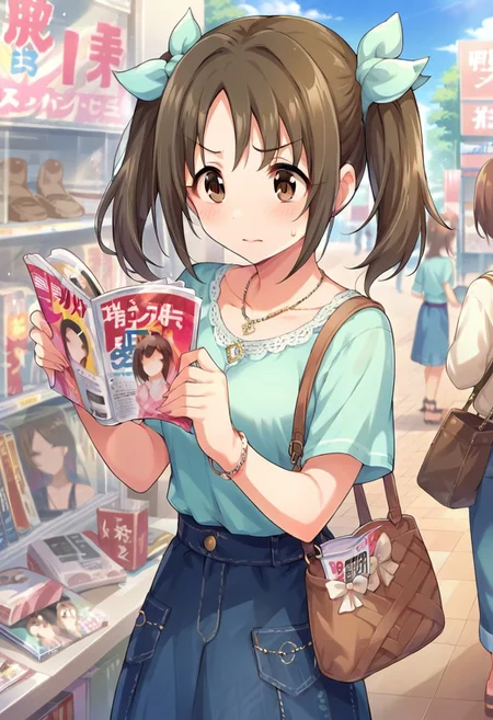 score_9, score_8_up, score_7_up, source_anime, imai kana, twintails, brown hair, brown eyes, jewelry, magazine (object), necklace, solo focus, bracelet, hair ribbon, 1girl, ribbon, bag, sweatdrop