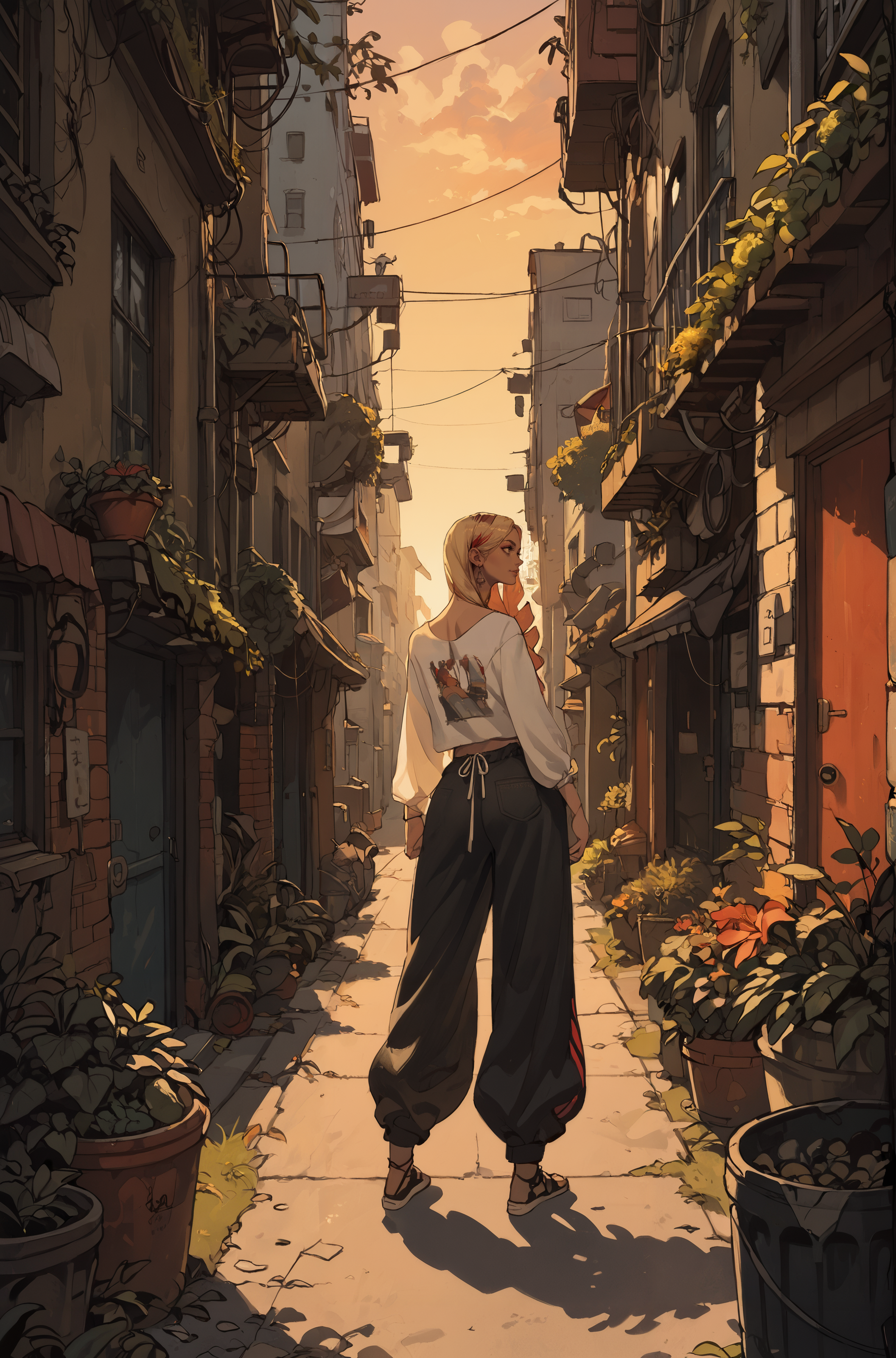 score_9_up, score_8_up, score_7_up, score_9_up, score_8_up, score_7_up, best quality, ultra highres, Casual, shiny highlights, 
1girl,  Sunset_Environment, back alley, 
BREAK
grass, flowers, a red cat, trash bins,
BREAK
blonde, drills, very long hair, wide pants, loose pants,
original, sharp,
 <lora:incase---1:0.4>  <lora:RELSM_v1:0.7>  <lora:1g0rXLP:0.5> 1g0r <lora:Hyung_Tae_Kim_Style_BladeSoul_for_Pony:1> htk_style, anime illustration