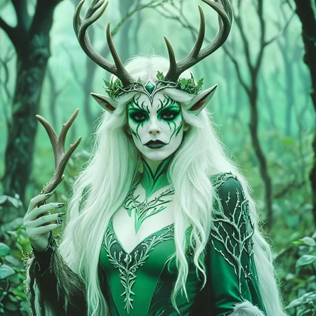 <lora:80sFantasyMovieSDXL2:1> ArsMovieStill, 80s Fantasy Movie Still, The image is a portrait of a woman with long blonde hair and a crown of antlers on her head. She is standing in a forest-like setting with trees and bushes in the background. The woman is wearing a dark green outfit with intricate details and her face is painted with white and black makeup. The antlers are made of leaves and branches and the crown is made up of multiple large antlers. The overall mood of the image is dark and eerie., 1girl, solo, long hair, white hair, colored skin, antlers, blurry background, upper body, blurry, lips