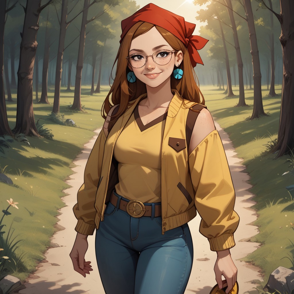 score_9, score_8, BREAK, solo, red bandana, auburn hair, glasses, freckles, lips, peace symbol earrings, yellow long sleeves, brown sleeveless mini jacket, blue long jeans, flip flops, total drama, Miles_(Total_Drama), belt, black eyes, sexy pose, self portrait, smile, outdoors, sunlight, shadows, evening lighting, natural lighting, forest, trees, grass, orange sky, sunset