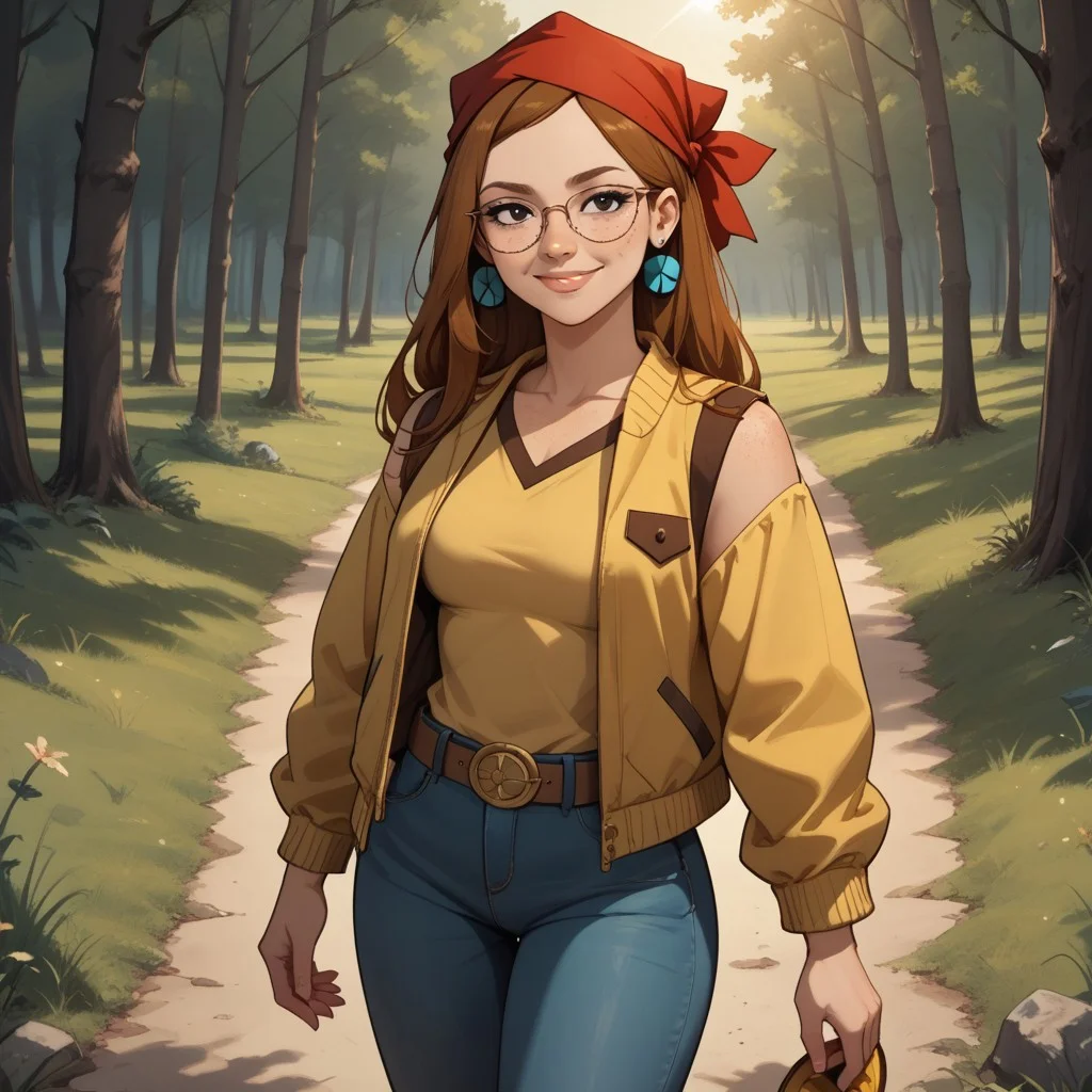 score_9, score_8, BREAK, solo, red bandana, auburn hair, glasses, freckles, lips, peace symbol earrings, yellow long sleeves, brown sleeveless mini jacket, blue long jeans, flip flops, total drama, Miles_(Total_Drama), belt, black eyes, sexy pose, self portrait, smile, outdoors, sunlight, shadows, evening lighting, natural lighting, forest, trees, grass, orange sky, sunset