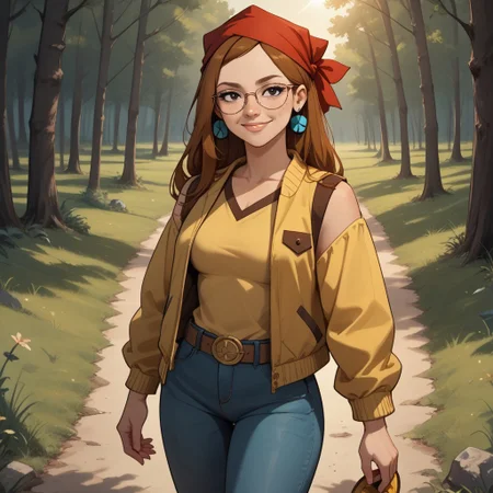 score_9, score_8, BREAK, solo, red bandana, auburn hair, glasses, freckles, lips, peace symbol earrings, yellow long sleeves, brown sleeveless mini jacket, blue long jeans, flip flops, total drama, Miles_(Total_Drama), belt, black eyes, sexy pose, self portrait, smile, outdoors, sunlight, shadows, evening lighting, natural lighting, forest, trees, grass, orange sky, sunset
