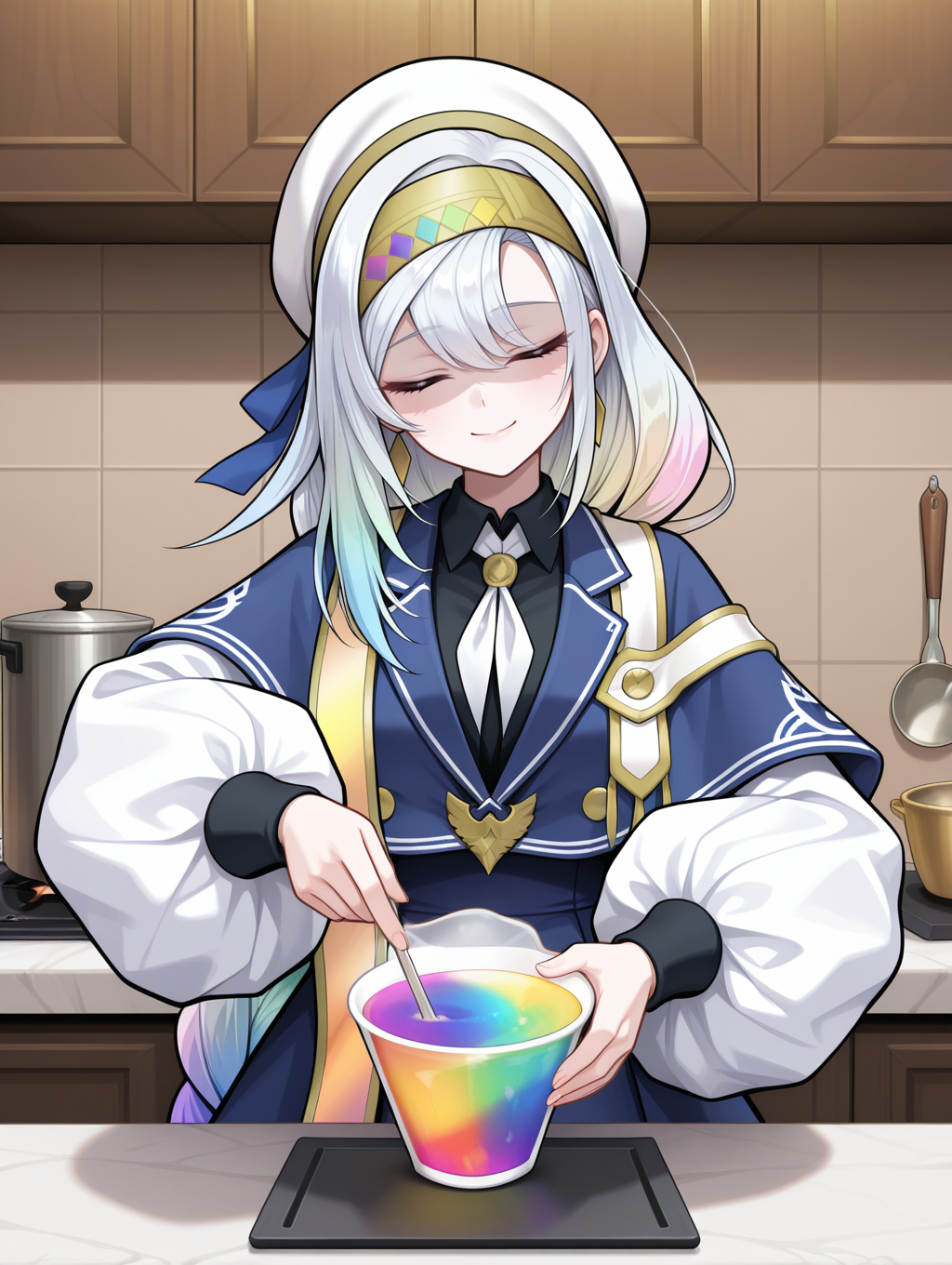 gradient_drink,gradient hair,artmegia finemelt,1girl,solo,smile,closed mouth,puffy long sleeves,white beret,gold hairband,blue capelet,white necktie,black collared shirt,blue dress,gold sash,indoors,shadow,rainbow_drink,rainbow gradient,head tilt,shaded face,cooking,looking at viewer,closed eyes,holding cup,
masterpiece,best quality,amazing quality,very aesthetic,absurdres,newest,<lora:Artmegia finemelt illusXL v1.3:0.75>,