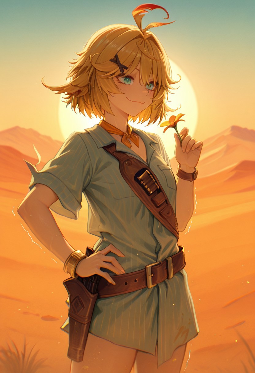 masterpiece, best quality,
1girl, solo, dokibrd holding rifle across her chest, cowboy shot, hand on hip, bracelet, short hair, blonde hair, smile, closed mouth, skin fang, aqua eyes, skinny, Steve McDonald Art, a highly detailed digital painting of a lone figure in a desolate expansive desert landscape stands in a quiet, sunlit clearing, holding a single flower in their hand. The bloom is delicate, its vibrant petals trembling in the soft breeze. there is nothing to be seen for miles except dunes of sand. The figure’s face is soft in expression, caught in a moment of stillness, as if they are watching something fragile grow in the silence of the world around them. The composition is dominated by gold, navy blue, orange, and red tones.