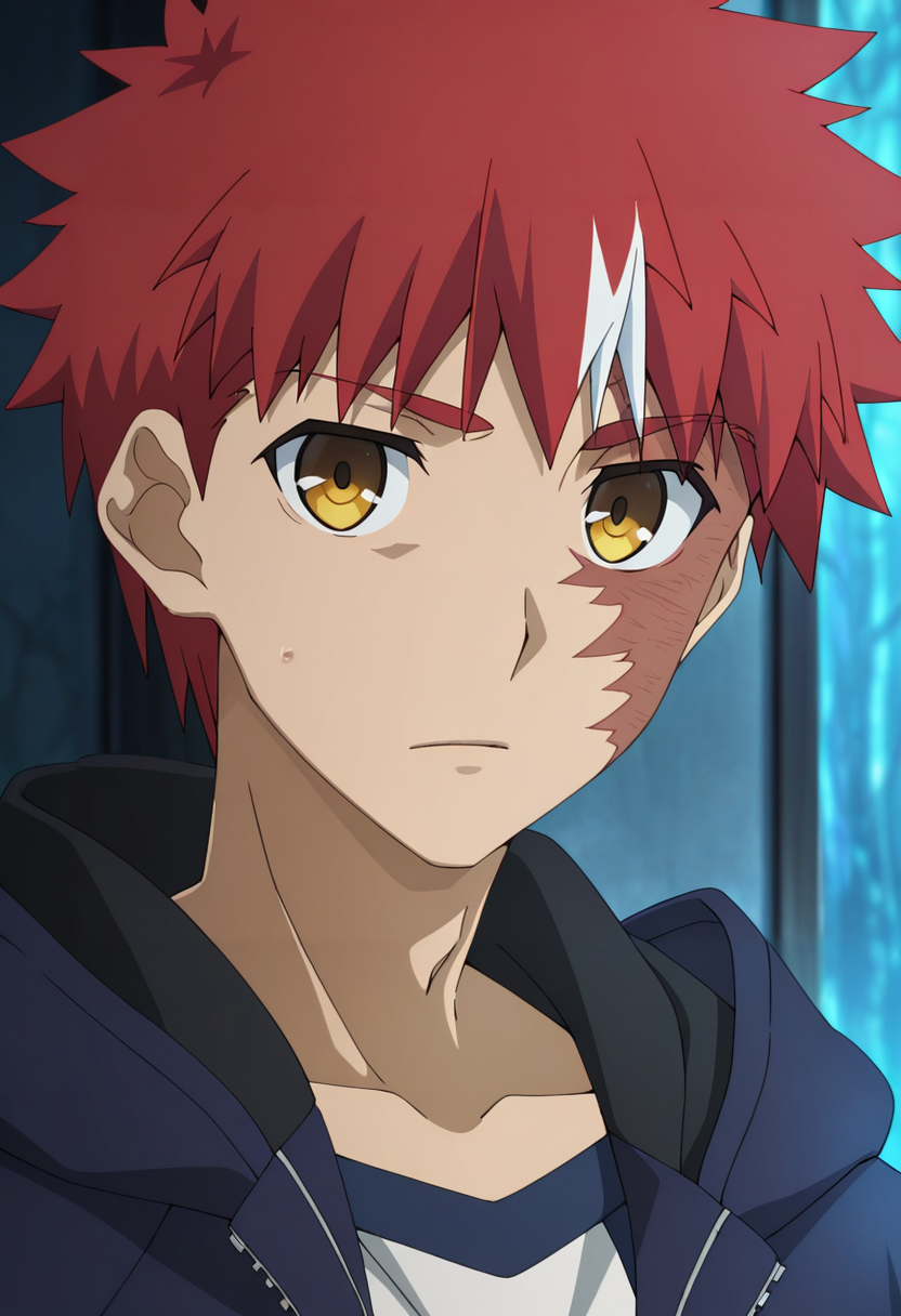 masterpiece, best quality, amazing quality,high resolution, intricate details,official style,depth of field,anime coloring,anime screencap , , , 1boy, solo, male focus, <lora:Shirou_Emiya:0.80>,shirou emiya,red hair,yellow eyes,short hair, portrait ,raglan sleeves, hood,jacket, white streak, burn scar, looking at viewer