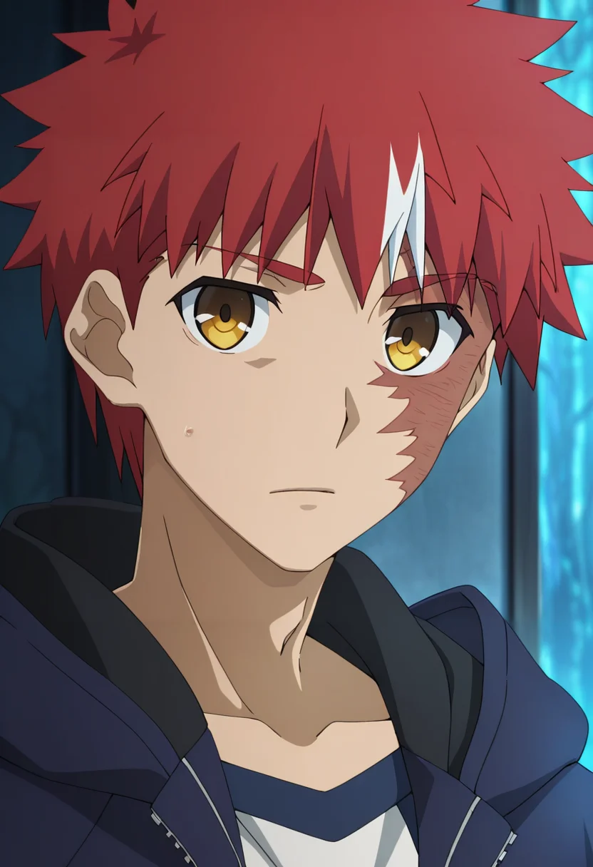 masterpiece, best quality, amazing quality,high resolution, intricate details,official style,depth of field,anime coloring,anime screencap , , , 1boy, solo, male focus, <lora:Shirou_Emiya:0.80>,shirou emiya,red hair,yellow eyes,short hair, portrait ,raglan sleeves, hood,jacket, white streak, burn scar, looking at viewer