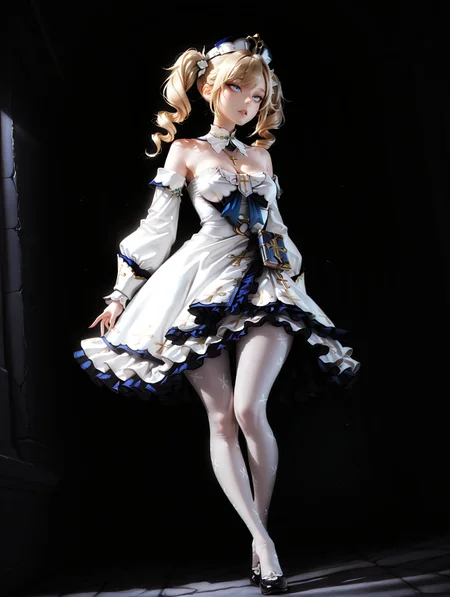 masterpiece, very aesthetic, best quality, hiper-detailed, intricate details, dramatic light, dynamic light, rich colors, solo, wide hips, 21 years old, dark, darkness, imtdmariesplat, 1girl, dynamic angle, full body, imtdbadbara, averted eyes, 1girl, blonde hair, twintails, blue eyes, bare shoulders, drill hair, bangs, long hair, parted lips, dress, hat, white dress, twin drills, long sleeves, detached sleeves, pantyhose, hair ornament, white pantyhose, realistic, cross, white headwear, necklace, medium breast, eyelashes, detached collar, cross necklace, frilled dress

