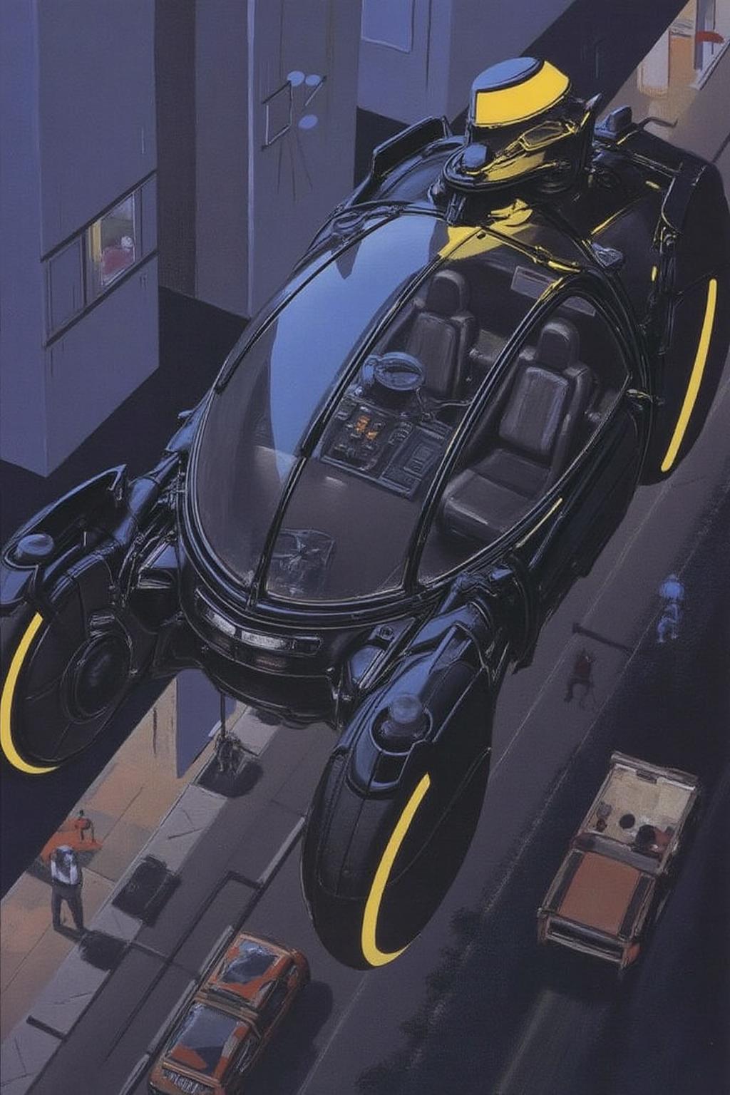 sydme1 painting in a futuristic, sci-fi style, depicting a sleek, high-tech vehicle suspended above a city street. The vehicle, a futuristic hovercrafts, is enclosed in a bubble-like canopy with a curved, aerodynamic design. It's primarily black with bright yellow accents, including a distinctive yellow stripe on the canopy and on the vehicle's body. The cockpit interior is visible, showcasing a futuristic dashboard with numerous buttons and screens, giving it an advanced, high-tech appearance. <lora:sydme6_cap_d6a3:1.0><lora:810972675687115249:0>