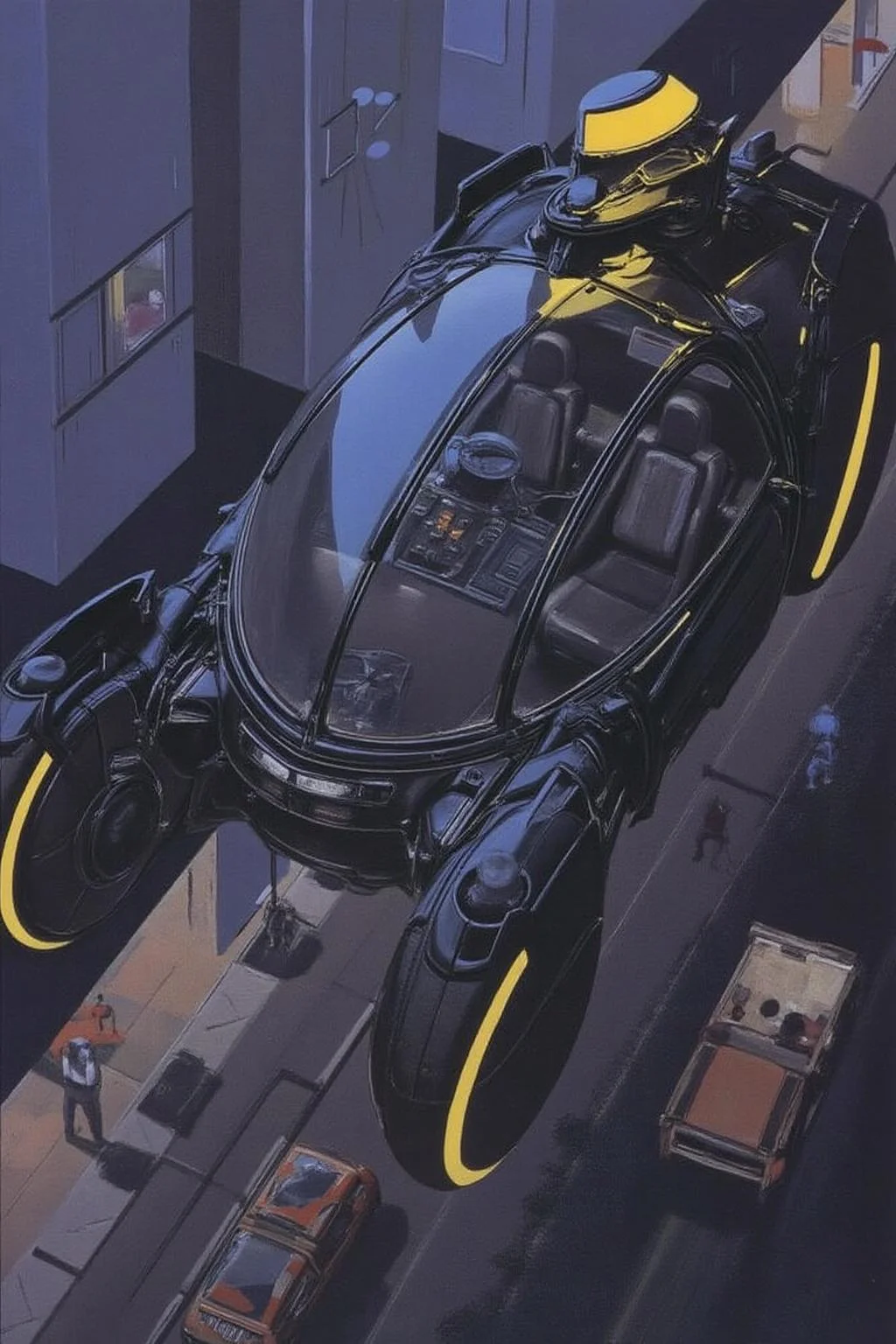 sydme1 painting in a futuristic, sci-fi style, depicting a sleek, high-tech vehicle suspended above a city street. The vehicle, a futuristic hovercrafts, is enclosed in a bubble-like canopy with a curved, aerodynamic design. It's primarily black with bright yellow accents, including a distinctive yellow stripe on the canopy and on the vehicle's body. The cockpit interior is visible, showcasing a futuristic dashboard with numerous buttons and screens, giving it an advanced, high-tech appearance. <lora:sydme6_cap_d6a3:1.0><lora:810972675687115249:0>
