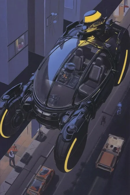 sydme1 painting in a futuristic, sci-fi style, depicting a sleek, high-tech vehicle suspended above a city street. The vehicle, a futuristic hovercrafts, is enclosed in a bubble-like canopy with a curved, aerodynamic design. It's primarily black with bright yellow accents, including a distinctive yellow stripe on the canopy and on the vehicle's body. The cockpit interior is visible, showcasing a futuristic dashboard with numerous buttons and screens, giving it an advanced, high-tech appearance. <lora:sydme6_cap_d6a3:1.0><lora:810972675687115249:0>