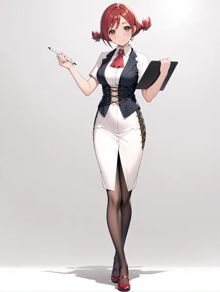 masterpiece,best quality,newest,
1girl,solo,
<lora:t_hibari_ilxl_v1.0:1>,t_h,short twintails,red hair,brown eyes,h_clothes,red ascot,white long pencil skirt,black_pantyhose,red mary_janes,
<lora:Fixhands_anime_bdsqlsz_V1:1>,white_background,simple_background,looking_at_viewer,standing,holding clipboard,full body,smile,