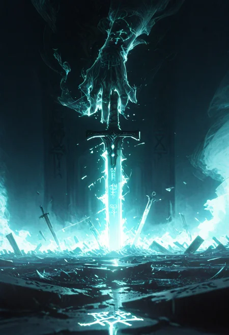 dynamic angle, unusual angle, dynamic, dynamic composition, single sword, runic engraving, runes, sould of the damned, broken sword, broken, damaged
In the dim, flickering light, a sinister shadowy figure emerges, its presence cloaked in an air of mystery. (Looking at the viewer with sinister smile:1.3) Slowly, it reaches out toward the hilt of the shattered runic sword, its movements deliberate yet hesitant. The ancient engravings on the hilt begin to pulse faintly, glowing like a dying ember, their light casting eerie shadows across the figure’s outstretched hand. The closer it gets, the air grows colder, heavy with an otherworldly presence. From the jagged break in the blade, spectral wisps begin to unfurl, curling and twisting like smoke, their forms coalescing into ghostly faces etched with agony. Whispers fill the air—soft at first, but rising into a cacophony of tormented wails. The figure’s hand trembles as its fingers hover just above the hilt, as though sensing the weight of the cursed power it is about to claim. Finally, with a sharp intake of breath, the hand closes around the sword. The runes ignite with a blinding light, and the escaping souls recoil, writhing in both fear and fury.