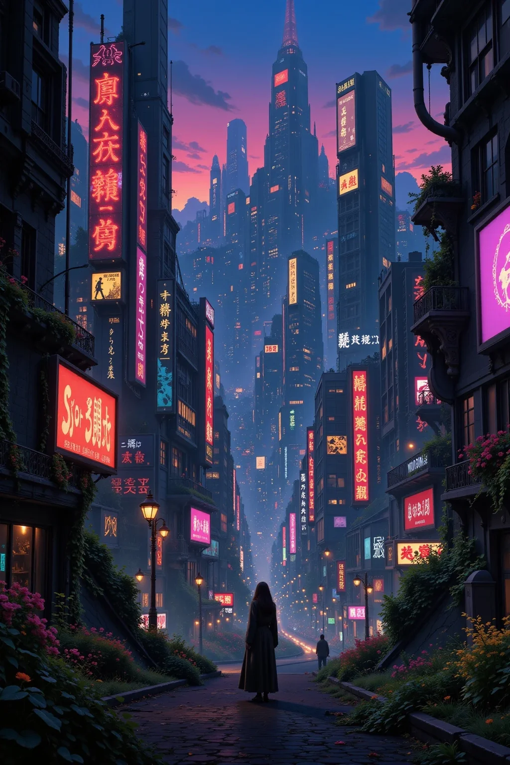 a futuristic sci-fi fantastic cyberpunk city beautiful  landscape, dusk, woman, very intricate, very detailed, sharp, bright, colorful, <lora:Hand v2:0.5> <lora:Anti-Blur:1><lora:Insane Detail Slider:0.25>  <lora:flux.1_lora_flyway_Epic-detail_v2:0.3> <lora:fluxenhancer:0.25> <lora:Anime_style:0.6> anime style