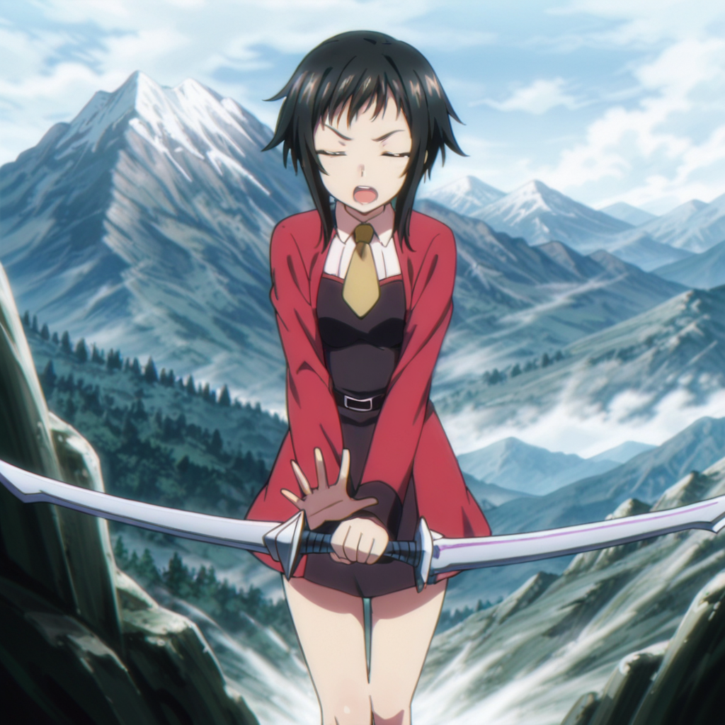 nsfw, masterpiece,best quality,amazing quality,1girl, solo, strike_the_blood_shio_hikawa, weapon, closed eyes, sword, black hair, short hair, open mouth, skirt, holding, necktie, short hair with long locks, wilderness, mountain, <lora:Shio_Hikawa_-_Strike_the_Blood_2:0.7>