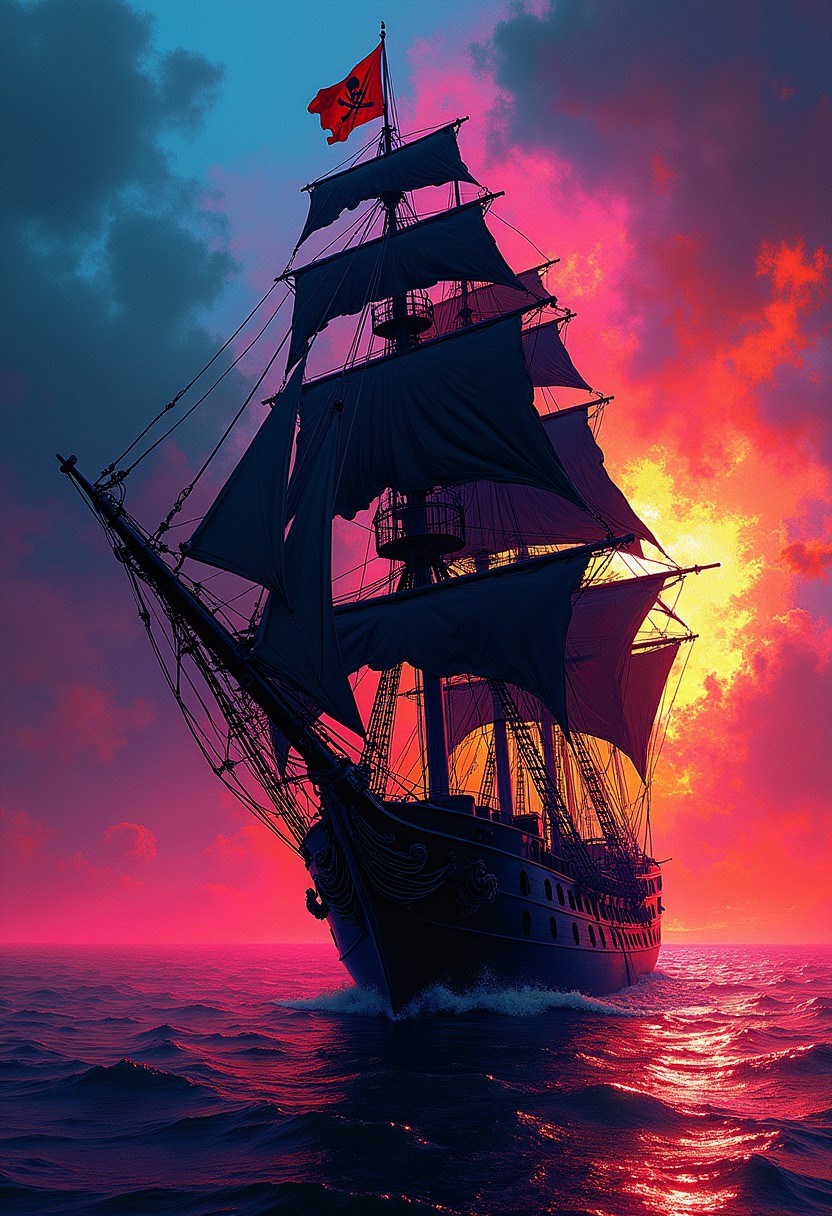 masterpiece, neon splash art, pirate ship, silhouetted, black sails, jolly roger flag, damaged sails and rigging, vibrant, dynamic