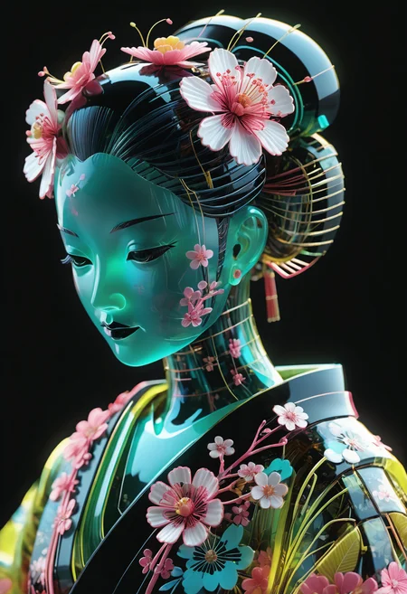 <lora:World_of_Glass_Filament:0.6> made of, tiny neon (glass:1.1) filaments, w0gf1l, Android, geisha, with robotic parts, in flowery kimono, Intricate details, 8 k, cinematic <lora:sss:0.8> subsurface scattering, sss <lora:envyStarlight_v10:0.8>