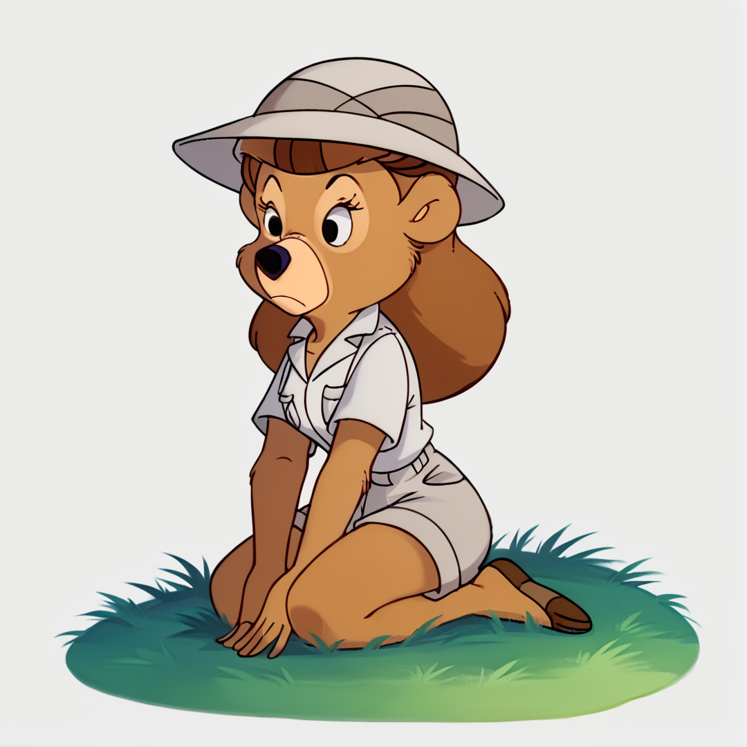 score_9, score_8_up, score_7_up, score_6_up, score_5_up, score_4_up, BREAK, <lora:rebecca_cunningham:1>,rebecca cunningham , 1girl, solo, long hair, simple background, shirt, hat, white background, animal ears, closed mouth, full body, white shirt, short sleeves, shorts, collared shirt, kneeling, brown footwear, grass, i furry, pocket, white shorts, furry female, bear girl, brown fur, brown hair, body fur, furry girl