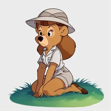 score_9, score_8_up, score_7_up, score_6_up, score_5_up, score_4_up, BREAK, <lora:rebecca_cunningham:1>,rebecca cunningham , 1girl, solo, long hair, simple background, shirt, hat, white background, animal ears, closed mouth, full body, white shirt, short sleeves, shorts, collared shirt, kneeling, brown footwear, grass, i furry, pocket, white shorts, furry female, bear girl, brown fur, brown hair, body fur, furry girl