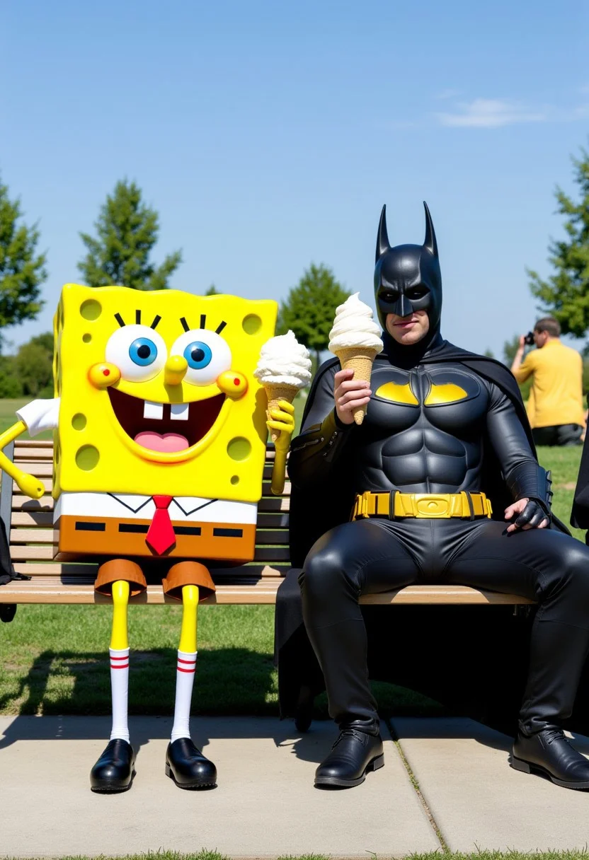 **SpongeBob SquarePants** and **Batman** sitting on a park bench, sharing a large ice cream cone. SpongeBob is joyfully licking the ice cream, while Batman, in full costume, sits stoically, holding the cone with his usual serious expression. The park setting is minimal, with a couple of trees and a plain blue sky in the background.