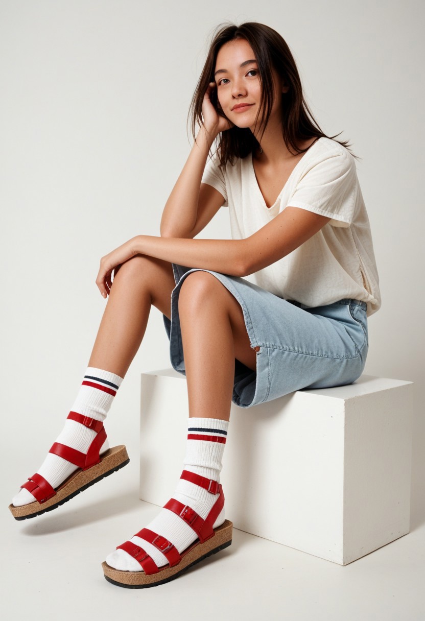 ((scksnsndls)), 1girl, solo, simple_background, white_background, sitting, red_socks, full_body, casual_clothes, slides
