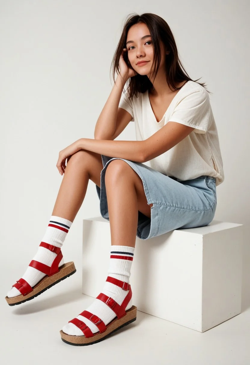 ((scksnsndls)), 1girl, solo, simple_background, white_background, sitting, red_socks, full_body, casual_clothes, slides