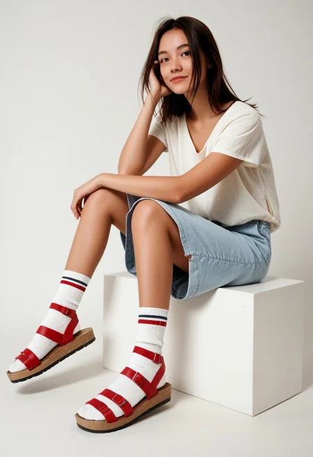 ((scksnsndls)), 1girl, solo, simple_background, white_background, sitting, red_socks, full_body, casual_clothes, slides