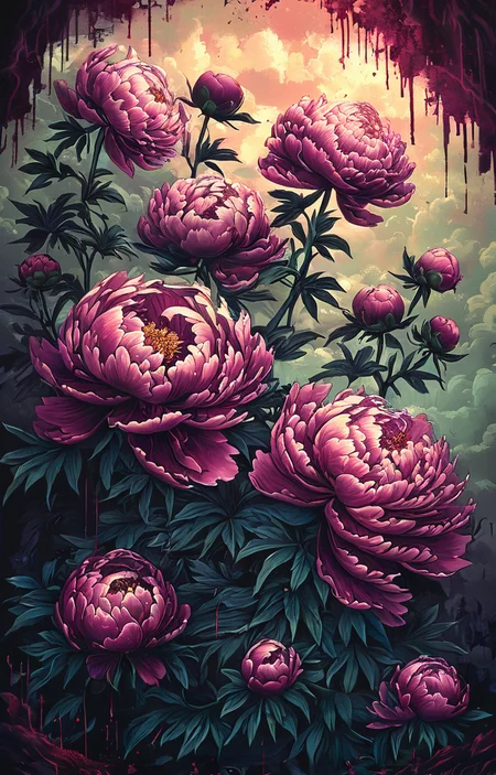 masterpiece,best quality,<lora:tbh160-sdxl:0.9>,illustration,style of Dan Mumford, decaying peonies