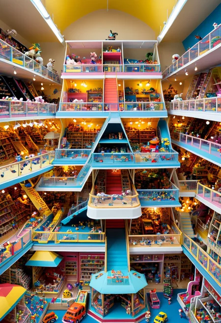 huge toy store. Its shelves and racks are strewn from top to bottom with all kinds of toys. On the lower shelves there are rubber balls, multi-colored pyramids and construction sets. The middle shelves contain soft toys   animals and birds. Top shelves - chic dolls in silk dresses and radio-controlled cars