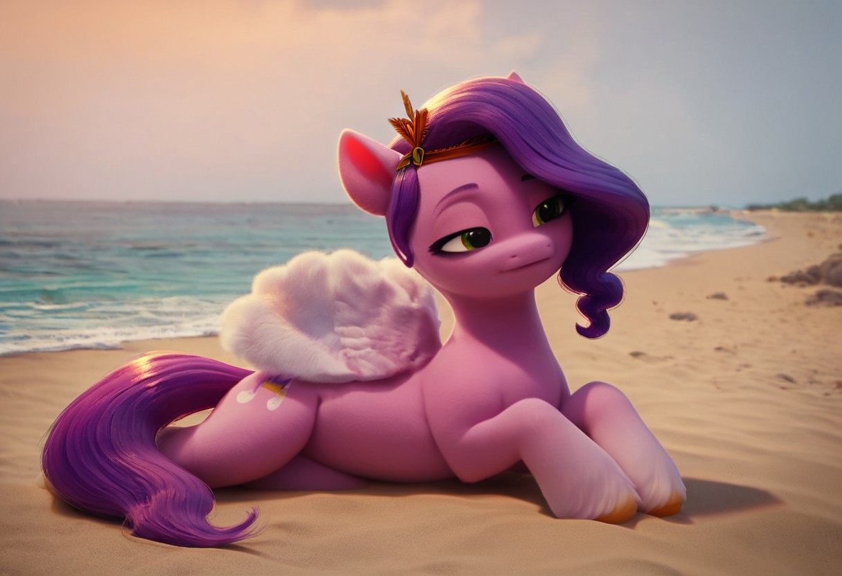 score_9, score_8_up, score_7_up,  my little pony, solo, pony, 1girl, pipp petals, lidded eyes, wings, wide hips, lying down, beach, ear tufts, long eyelashes, outdoors, best quality, high detailed, sharp lines, shaded