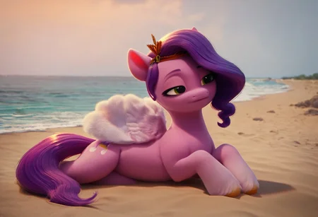 score_9, score_8_up, score_7_up, my little pony, solo, pony, 1girl, pipp petals, lidded eyes, wings, wide hips, lying down, beach, ear tufts, long eyelashes, outdoors, best quality, high detailed, sharp lines, shaded