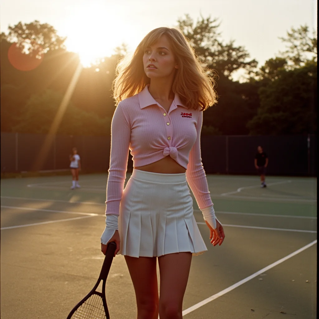 analog film photo retro 1980s slasher film still, 3/4 body shot on grainy Kodak analog film, a preppy high school girl stands alone on an empty tennis court at sunset, warm golden-hour haze, soft pastel tones, shallow depth of field, she wears a high-waisted pleated white skirt, pastel pink Izod polo shirt with a sweater loosely tied over her shoulders, vintage Reebok sneakers and tube socks, hair in a voluminous feathered blowout with soft golden highlights, glossy pink lipstick and subtle eyeliner for a sun-kissed natural glam look, holding a tennis racket down by her side like a weapon, camera angle low and tilted, lens flare and warm bloom from the setting sun, eerie stillness, the air feels thick with dread but she looks too perfect to notice, frozen in a moment before the scream
<lora:final-girlsv2.1:0.9> fgsv3 . faded film, desaturated, 35mm photo, grainy, vignette, vintage, Kodachrome, Lomography, stained, highly detailed, found footage, RAW candid cinema, 16mm, color graded portra 400 film, remarkable color, ultra realistic, textured skin, remarkable detailed pupils, realistic dull skin noise, visible skin detail, skin fuzz, dry skin, shot with cinematic camera