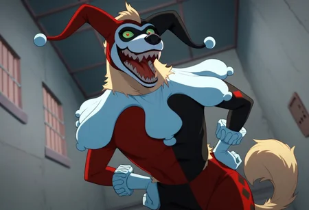 score_9, score_8_up, score_7_up, solo 1girl, Expressiveh, (HyenaQuinn, female hyena, furry, anthro, jester outfit, sharp teeth, tan fur, green sclera, red eyes, fangs, tail, black nose), hands on hips, smile, open mouth, standing, cowboy shot, prison, asylum, looking at viewer, detailed background, 4k, masterpiece, best quality, highly detailed, realistic