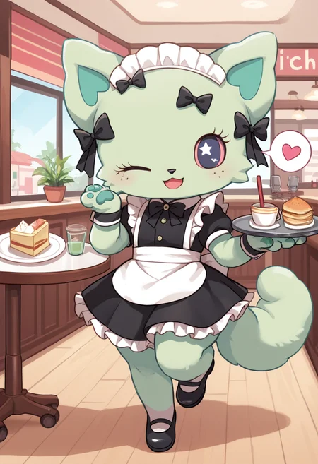 score_9, score_8_up, score_7_up, score_6_up, score_5_up, BREAK
emma, 1girl, freckles, hair bow, colored sclera, chibi, feral, furry, cafe, tray, maid, maid headdress, one eye closed, spoken heart, smile, happy