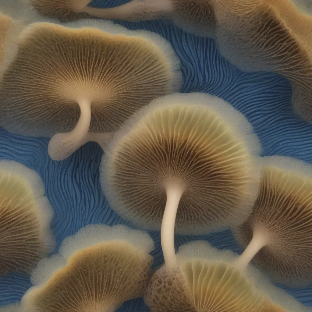 Olive Spore Print Monumental Fan-shaped Furrowed mushroom, Wavy Texture, Striped, Root Envelopment, Savanna, Clustered, Biogenic light, Blue-Green Spore Print Close Gills, Amber Latex,,Evanescent Annulus, Citrine Flaring and Rooting Base,