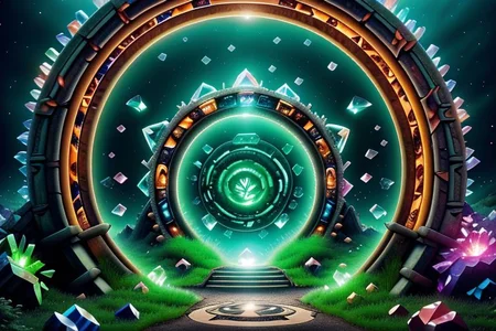 Hyperrealistic art, lush green wooded mountain pass landscape, a fantasy glowing Vivid multi-colored Runes covered made crystalz and marble Circular gate (Circular portal:1.3), fantasy, magic doorway, blue sky, Extremely high-resolution details, photographic, realism pushed to extreme, fine texture, incredibly lifelike,