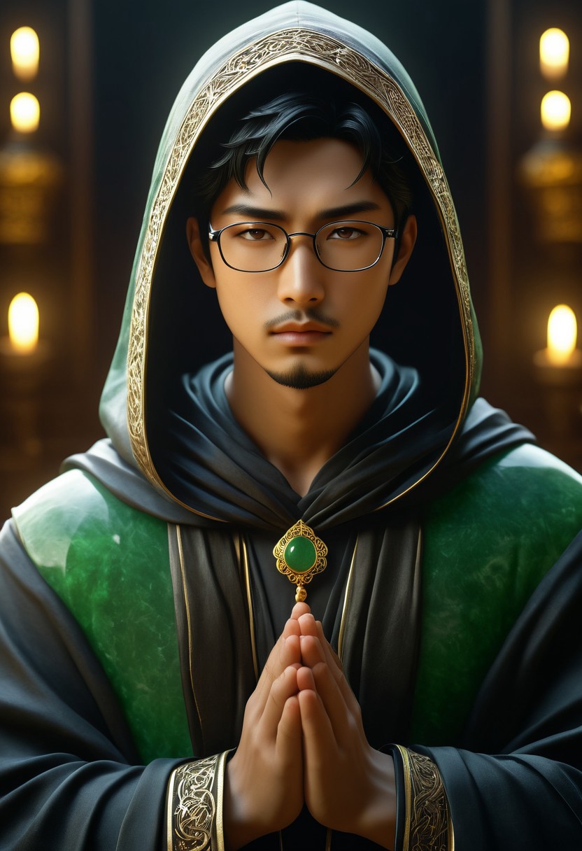 dvr-rst, cinematic portrait, a man with hood praying statue made jade, statue of ettaphyl(1boy, bara, asian, short hair, black hair, brown eyes, glasses, goatee), intricate carvings covered with flower, dim candlelight flickering across weathered features, hyper-detailed fabric folds, volumetric fog, gothic atmosphere, 8k resolution, unreal engine 5, photorealistic, dramatic chiaroscuro lighting, jade, emerald, obsidian