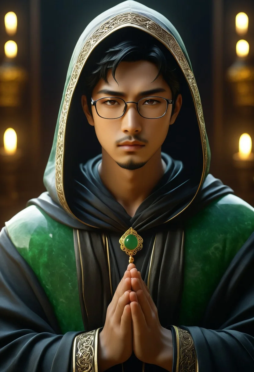 dvr-rst, cinematic portrait, a man with hood praying statue made jade, statue of ettaphyl(1boy, bara, asian, short hair, black hair, brown eyes, glasses, goatee), intricate carvings covered with flower, dim candlelight flickering across weathered features, hyper-detailed fabric folds, volumetric fog, gothic atmosphere, 8k resolution, unreal engine 5, photorealistic, dramatic chiaroscuro lighting, jade, emerald, obsidian