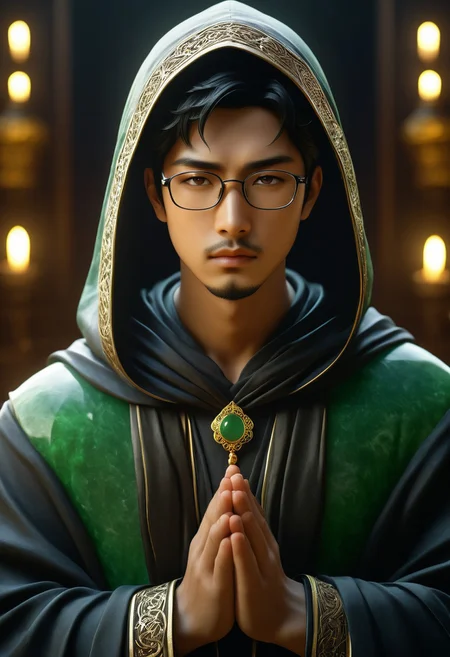 dvr-rst, cinematic portrait, a man with hood praying statue made jade, statue of ettaphyl(1boy, bara, asian, short hair, black hair, brown eyes, glasses, goatee), intricate carvings covered with flower, dim candlelight flickering across weathered features, hyper-detailed fabric folds, volumetric fog, gothic atmosphere, 8k resolution, unreal engine 5, photorealistic, dramatic chiaroscuro lighting, jade, emerald, obsidian