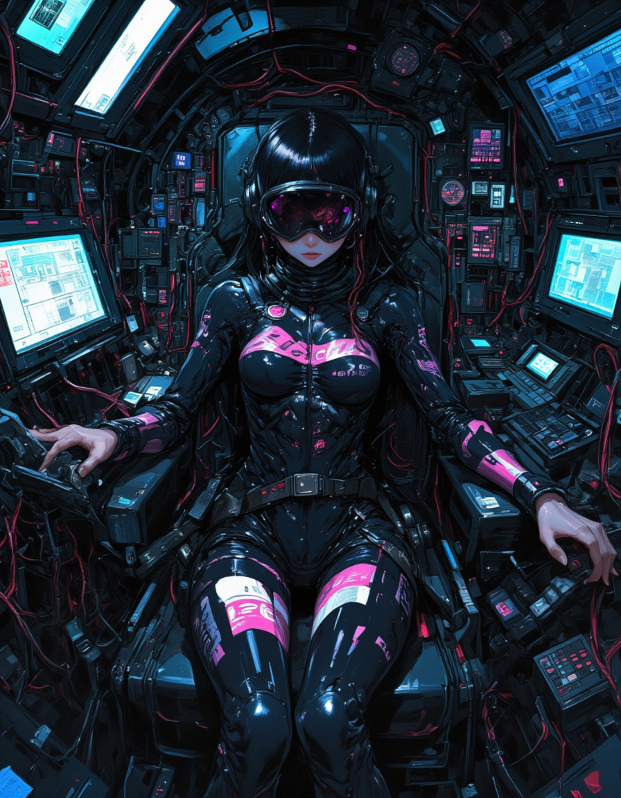 DB4RZ style painting, cyberpunk anime art style. Cool but sexy atmosphere. A girl sits in the Narrow and dark cockpit seat. The girl is wearing a fitted high-tech body suit and a Goggle-type visor covers her face. The bodysuit is painted with sponsor advertisements. Her hands are on the control stick. She is restrained by a seatbelt. Many cables extend from the she's body and connect to the Surrounding Machinery. Monitors and gauges attached to the surrounding machinery issue warnings. Her face glows dimly in the light of lit cables and machines. dinamic position. <lora:FLUX-daubrez-DB4RZ-v2:0.4> <lora:futuristicportraits:0.3> futuristicportrait <lora:artisketchyfs-v02:0.2>, Fractal, Avant-garde, Surrealism. 
by tsutomu nihei, by katsuya terada, by brom,
