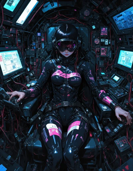 DB4RZ style painting, cyberpunk anime art style. Cool but sexy atmosphere. A girl sits in the Narrow and dark cockpit seat. The girl is wearing a fitted high-tech body suit and a Goggle-type visor covers her face. The bodysuit is painted with sponsor advertisements. Her hands are on the control stick. She is restrained by a seatbelt. Many cables extend from the she's body and connect to the Surrounding Machinery. Monitors and gauges attached to the surrounding machinery issue warnings. Her face glows dimly in the light of lit cables and machines. dinamic position. <lora:FLUX-daubrez-DB4RZ-v2:0.4> <lora:futuristicportraits:0.3> futuristicportrait <lora:artisketchyfs-v02:0.2>, Fractal, Avant-garde, Surrealism.
by tsutomu nihei, by katsuya terada, by brom,