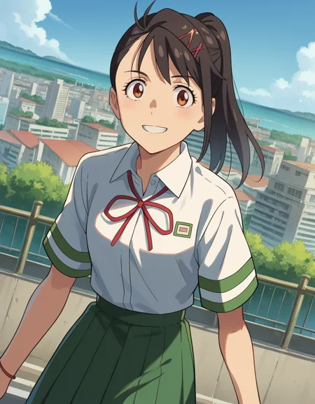 score_9, score_8_up, score_7_up, source_anime,
suzumeiwato, <lora:suzume-iwato-ponyxl-lora-nochekaiser:1>,
suzume iwato, long hair, black hair, hair ornament, brown eyes, hairclip, ponytail, smile,
skirt, shirt, ribbon, school uniform, white shirt, red ribbon, green skirt, long skirt,
outdoors, cityscape,
looking at viewer, dutch angle, cowboy shot,