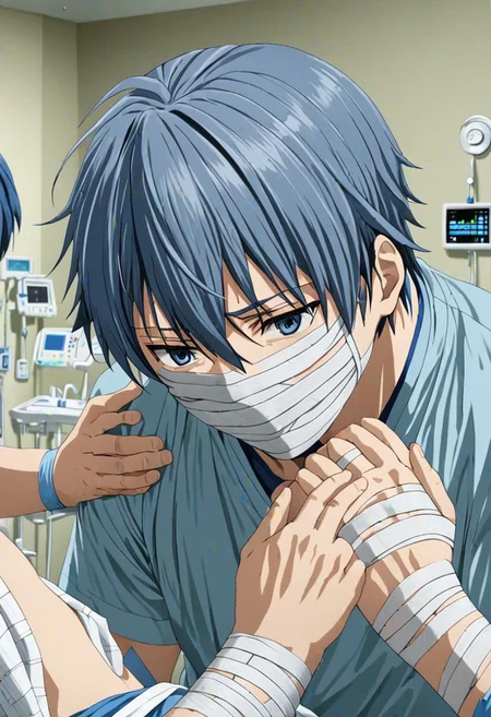 high resolution, solo, best quality, 1Boy, Tomoya Okazaki, Grey Blue Hair, bandage, patient, hospital, OverallDetail
