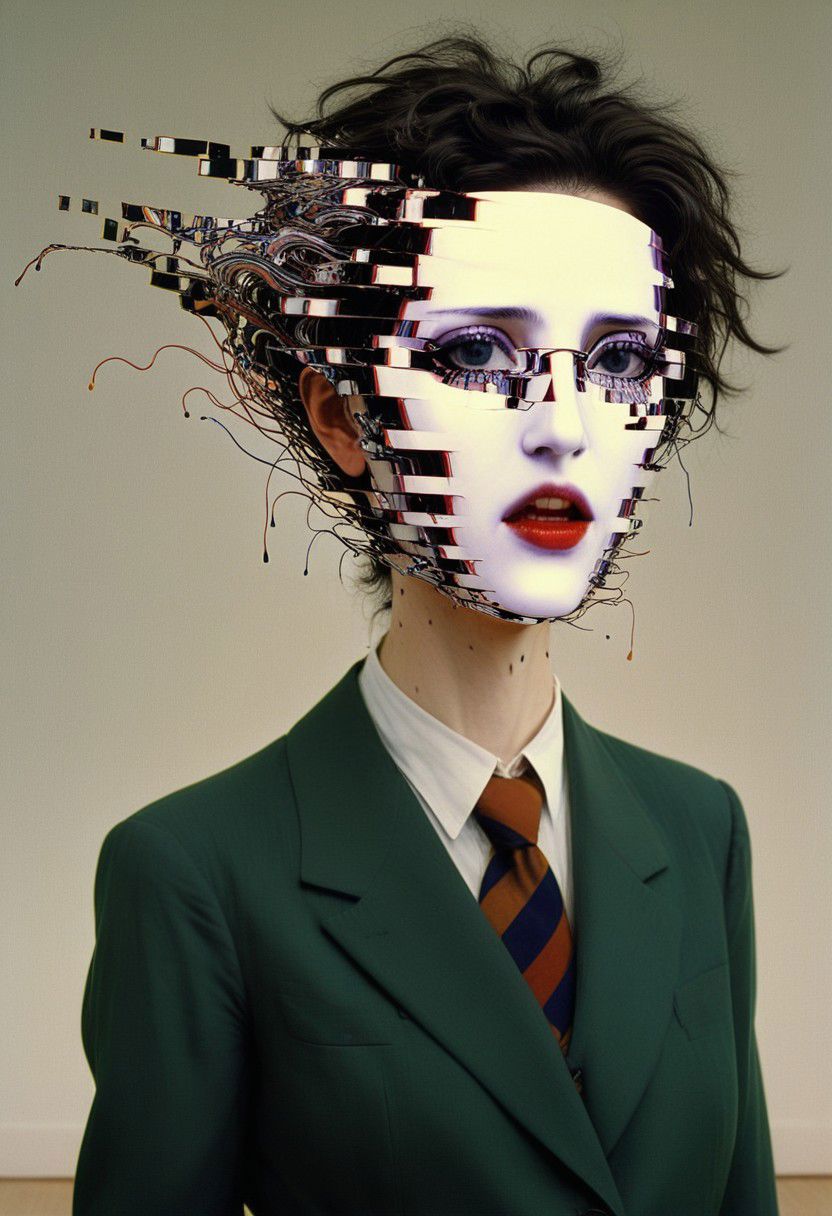 She wears recursive masks, her face exploding in filaments of static like a plant flowering with enigmatic spectacles, each moment of her life now in her death revealed at this central focus, connected by the thread of her stretched thin soul. A surreal glitchcore masterwork of Egon Schiele, sold at auction for 32 million USD.