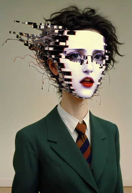 She wears recursive masks, her face exploding in filaments of static like a plant flowering with enigmatic spectacles, each moment of her life now in her death revealed at this central focus, connected by the thread of her stretched thin soul. A surreal glitchcore masterwork of Egon Schiele, sold at auction for 32 million USD.