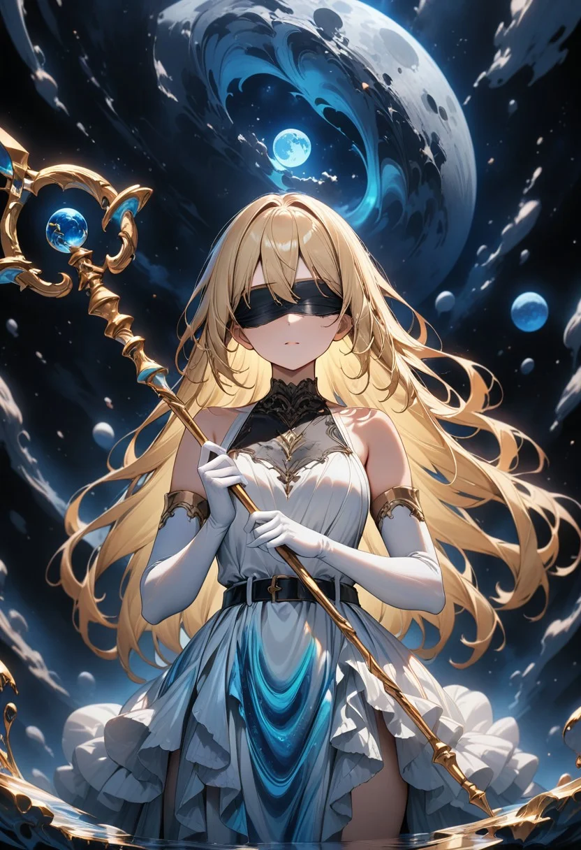 ((masterpiece), (best quality), (ultra-detailed),
, 1woman, light, upper body, long hair, blonde hair,
elbow gloves,
(staff, holding staff),
dress made of Liquid Marble, holds a staff, black blindfold, blind, holding scales of themis,
upper body, moon, standing on the edge of a destroyed bridge, white dress, belt,
From below, space, stars, night, sky, Liquid Marble,
)