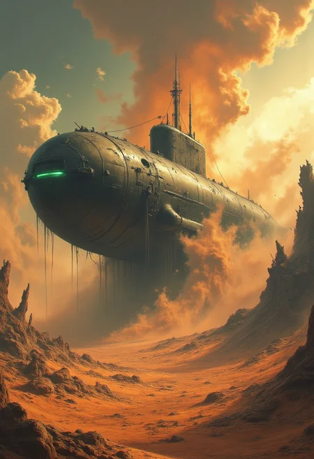 n1t3_du5t, The image is a highly detailed, digital artwork depicting a colossal, futuristic submarine bursts through the scorched, cracked surface of an apocalyptic desert wasteland — not water, but waves of sand, dust, and shattered rock explode outward like a surreal ocean. The vessel emerges with seismic force, sending plumes of fine dust and heavy debris skyward in slow motion, lit by the burning orange of a dying sun. The submarine is both advanced and ancient — its elongated, whale-like hull forged from dark alloy and patchwork steel plates, scarred by centuries of wear, battles, and harsh elements. Rust streaks and faded warning signs cover its surface, while clusters of exposed cables and retrofitted armor give it a rugged, haunted look. Glowing portholes and corroded fins pulse with a cold, eerie light. The ground quakes as it rises, a mechanical leviathan in a sea of sand, surrounded by crumbling ruins and storm-churned skies. Cinematic lighting, high detail, volumetric dust, hyper-realistic style.