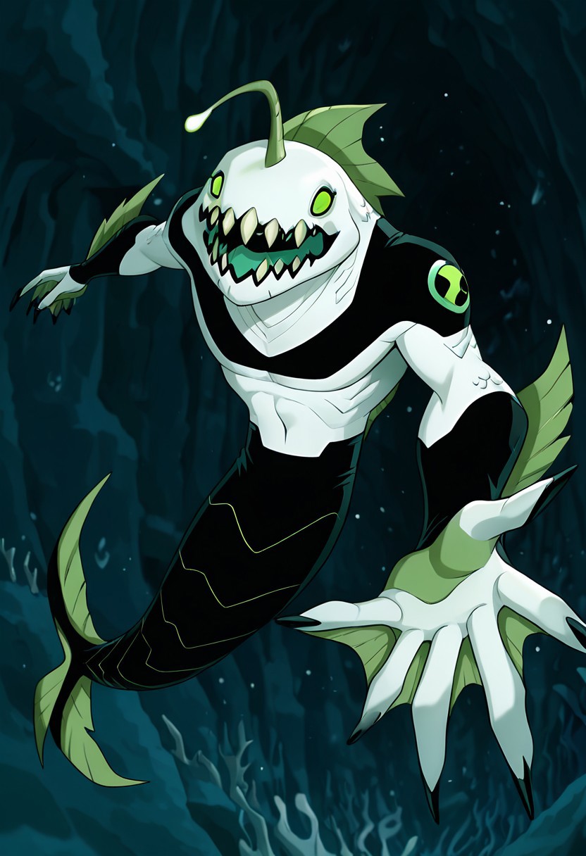 masterpiece, best quality, amazing quality, very aesthetic, absurdres, newest,,
ripjawsov, no humans, sharp teeth, teeth, colored skin, monster, pale skin, angler fish lure, green eyes, small eyes, , monster boy, claws, digimon (creature), fins, , square jaw
deep sea, black water, underwater, deep ocean, no light source, glowing angler fish lure, glowing eyes, open mouth, reaching out, pitch black, eyes in background,