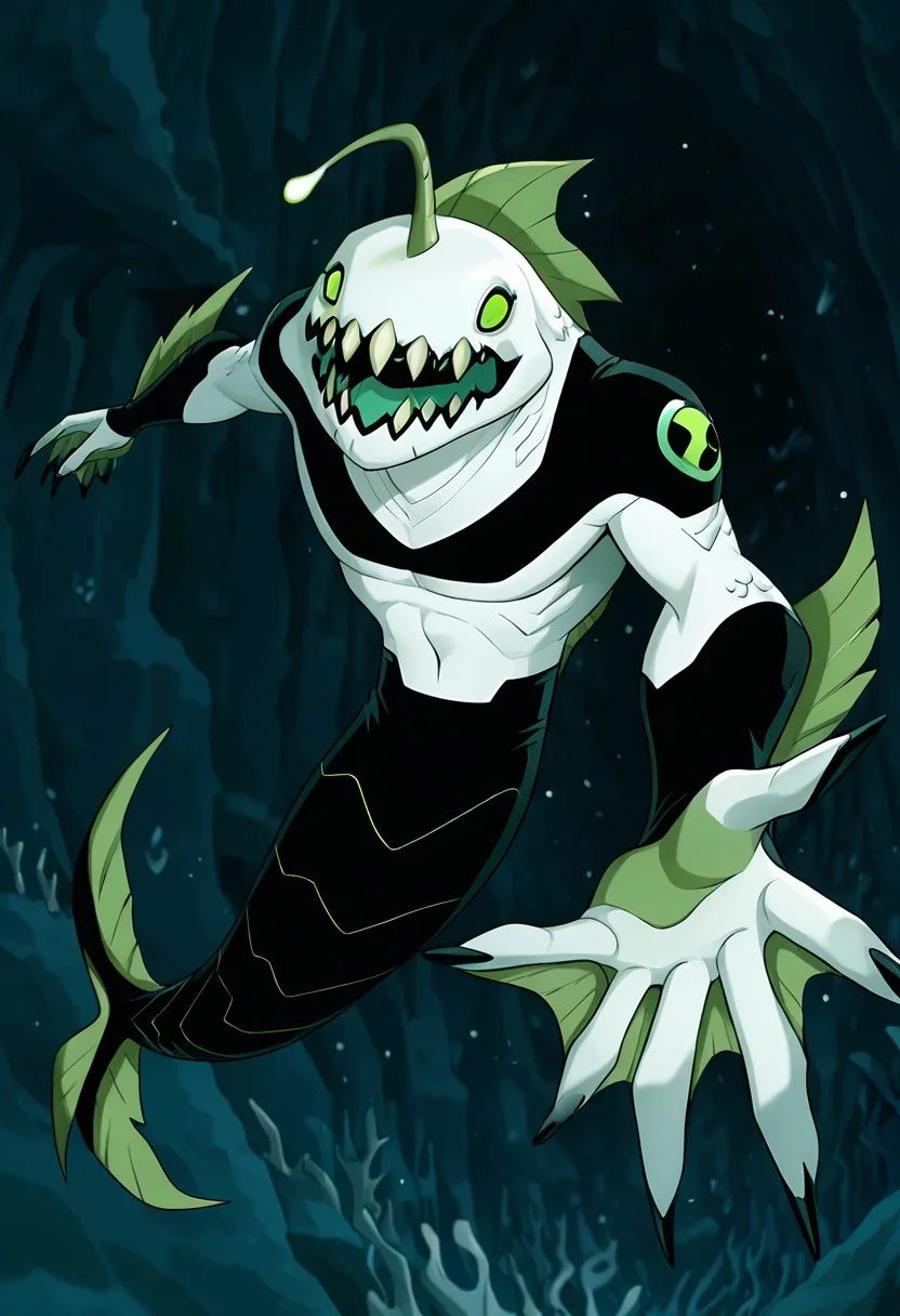 masterpiece, best quality, amazing quality, very aesthetic, absurdres, newest,,
ripjawsov, no humans, sharp teeth, teeth, colored skin, monster, pale skin, angler fish lure, green eyes, small eyes, , monster boy, claws, digimon (creature), fins, , square jaw
deep sea, black water, underwater, deep ocean, no light source, glowing angler fish lure, glowing eyes, open mouth, reaching out, pitch black, eyes in background,