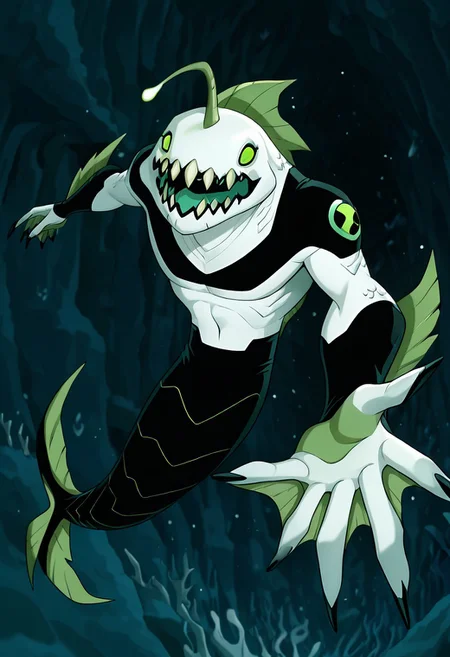 masterpiece, best quality, amazing quality, very aesthetic, absurdres, newest,,
ripjawsov, no humans, sharp teeth, teeth, colored skin, monster, pale skin, angler fish lure, green eyes, small eyes, , monster boy, claws, digimon (creature), fins, , square jaw
deep sea, black water, underwater, deep ocean, no light source, glowing angler fish lure, glowing eyes, open mouth, reaching out, pitch black, eyes in background,