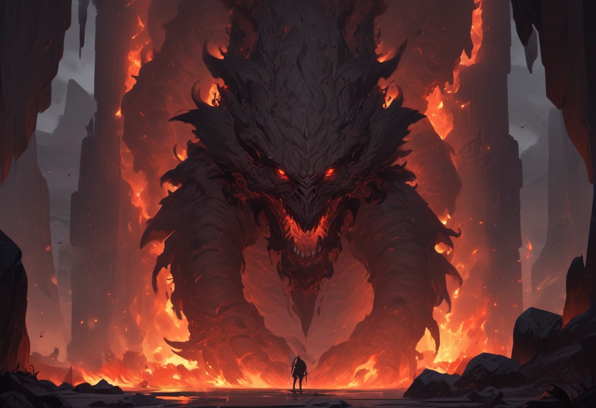 "Inside a vast, dark volcanic cave, the walls glow with the fiery red-orange light of molten lava flowing through cracks in the stone. In the center of the cave stands Shadow Fiend, Nevermore, a towering, menacing figure cloaked in darkness and shadowy flames. His glowing red eyes pierce through the gloom as he stands tall, his sharp claws outstretched, radiating an aura of dread and power. The ground beneath him is scorched, with small embers rising around his feet. He looks down the cave tunnel with a mix of impatience and malevolence, waiting for a worthy challenger to step into his domain. The scene is filled with an intense, oppressive atmosphere, with smoke and heat swirling in the air, making the cave feel like the very heart of a volcano."